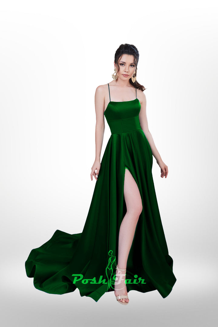 dark green  Aline prom dress with made with V or straight neckline, open back and lace-up straps