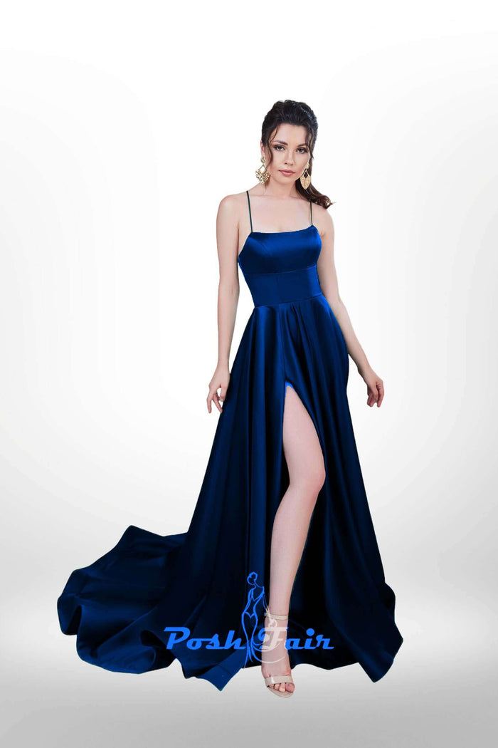 navy blue Aline prom dress with made with V or straight neckline, open back and lace-up straps, prom evening dress