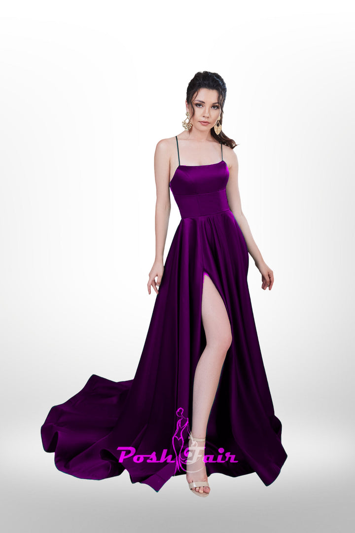 purple  Aline prom dress with made with V or straight neckline, open back and lace-up straps