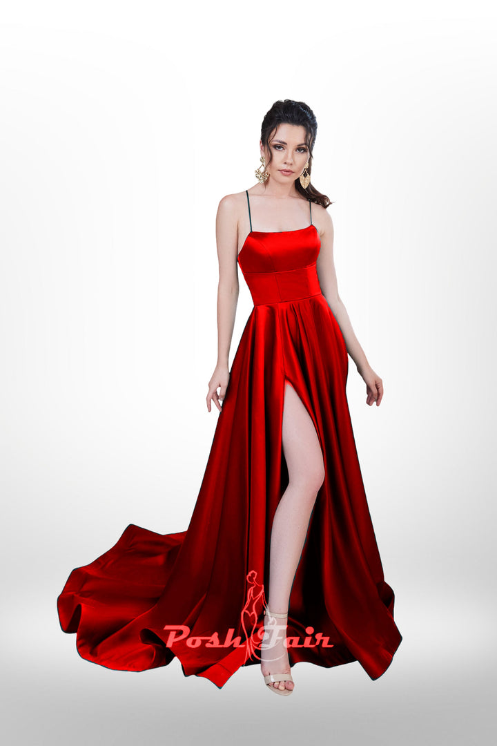 red  Aline prom dress with made with V or straight neckline, open back and lace-up straps