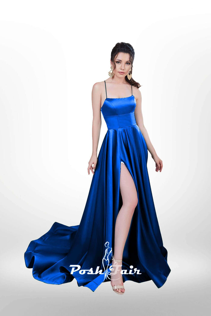 royal blue Aline prom dress with made with V or straight neckline, open back and lace-up straps, prom evening dress