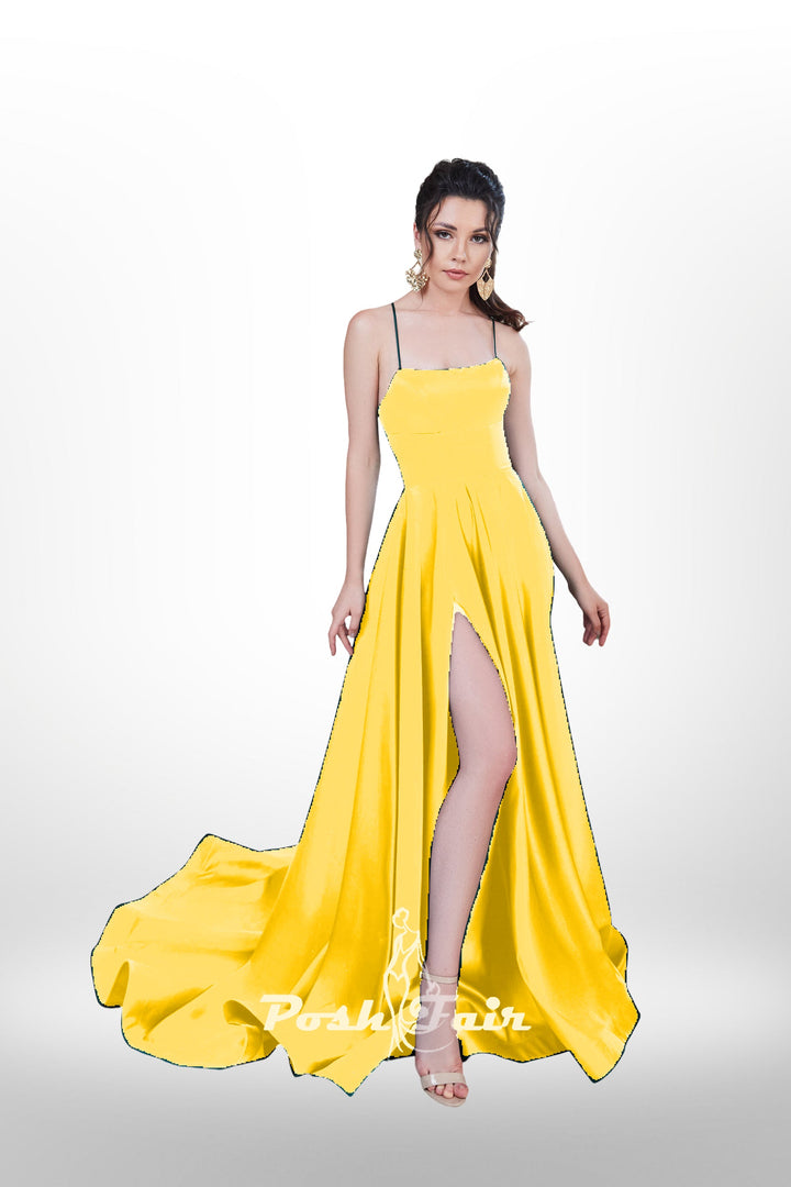 yellow  Aline prom dress with made with V or straight neckline, open back and lace-up straps
