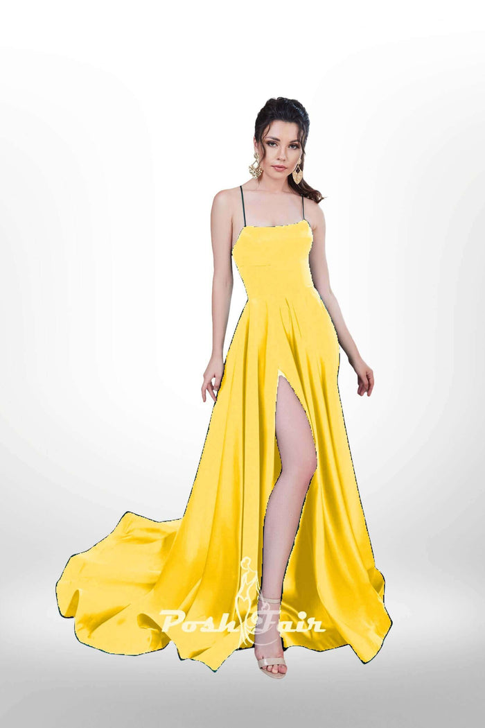 yellow  Aline prom dress with made with V or straight neckline, open back and lace-up straps, prom evening dress
