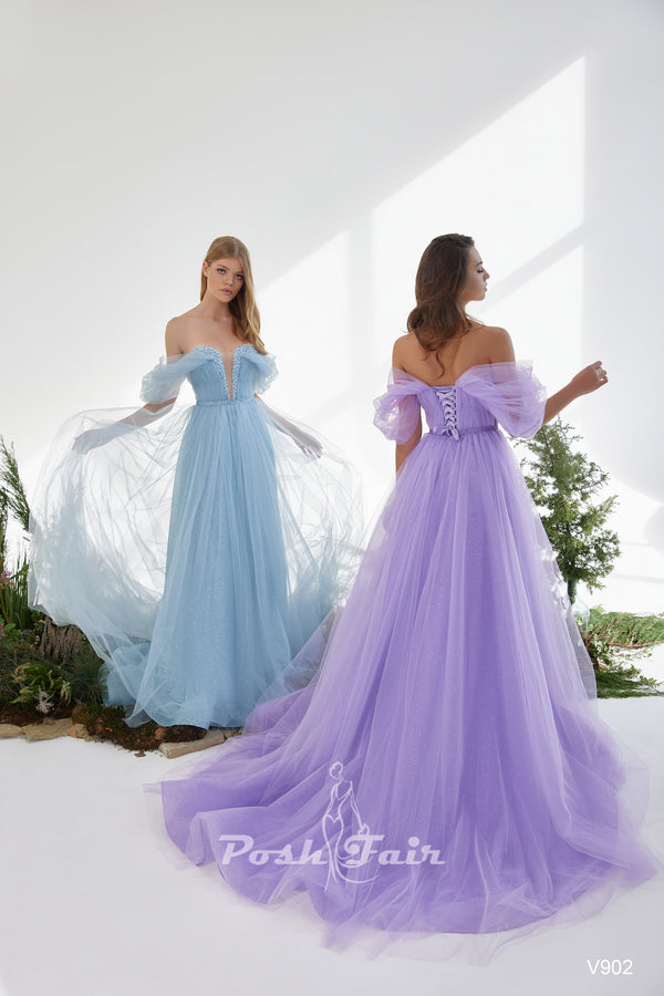 902 - Aline Off the Shoulder Tulle Prom Evening Dress