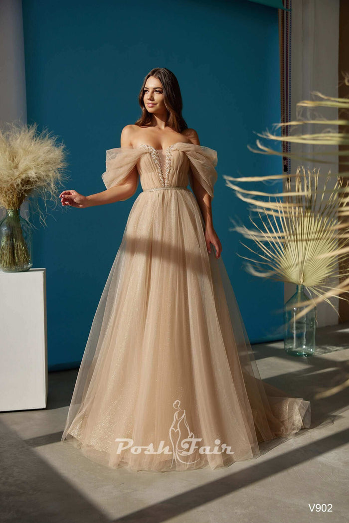 trendy prom dresses, A-line prom dress, off shoulder prom dress, deep-V grad dress, prom evening dress