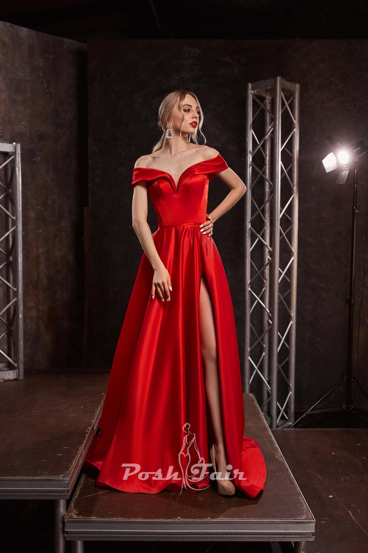 red Aline prom dress made with off the shoulder neckline and built in corset
