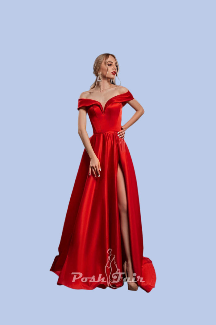 red Aline prom dress made with off the shoulder neckline and built in corset, prom evening dress