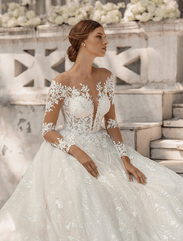 Tulle and lace wedding dress with long sleeves, tulle wedding dress, wedding dresses with lace, lace bridal gown, lace sleeves, plunging neckline wedding dress, wedding dresses online shop, wedding dresses outlet, wedding gowns Canada, wedding gowns in Canada,