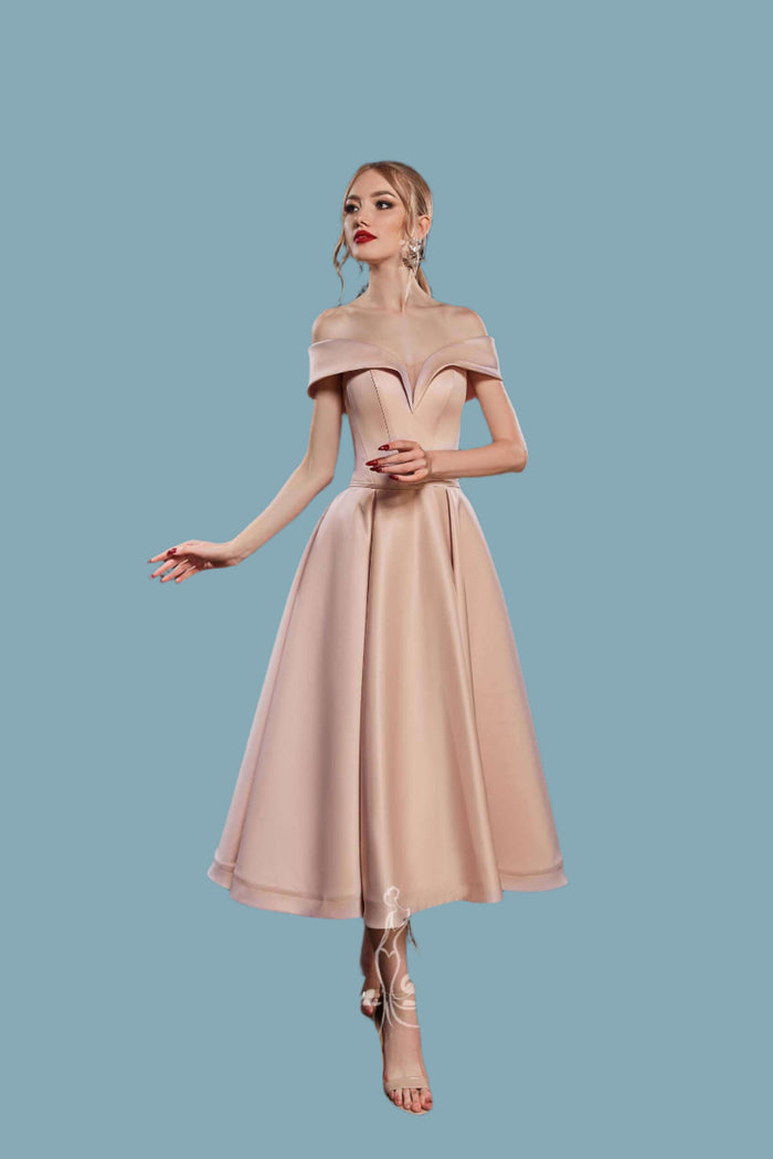 Aline prom dress made with off the shoulder neckline and built in corset, prom evening dress