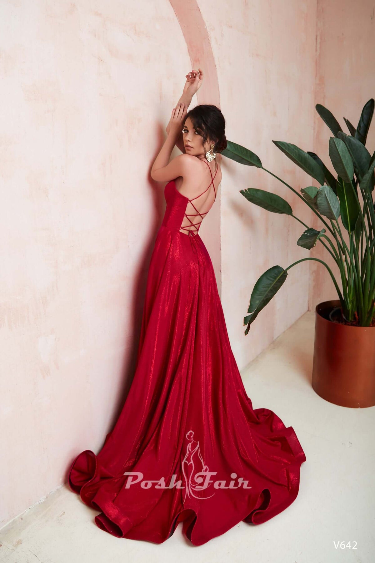 red  Aline prom dress with made with V or straight neckline, open back and lace-up straps, prom evening dress