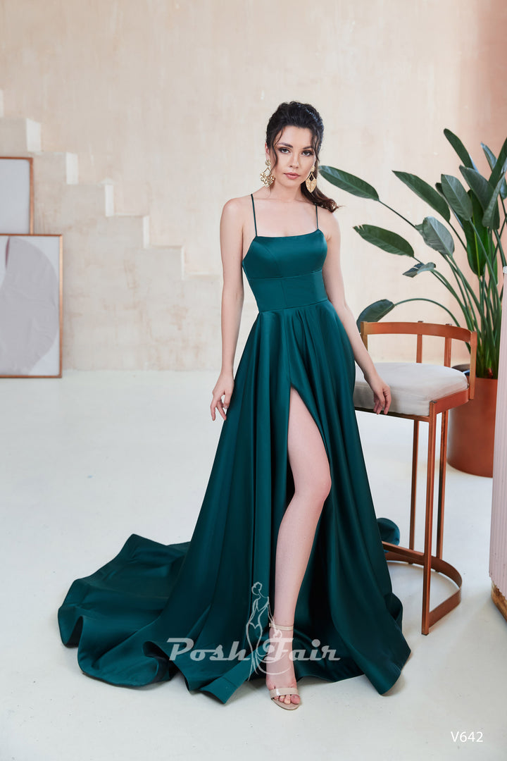 Teal  Aline prom dress with made with V or straight neckline, open back and lace-up straps