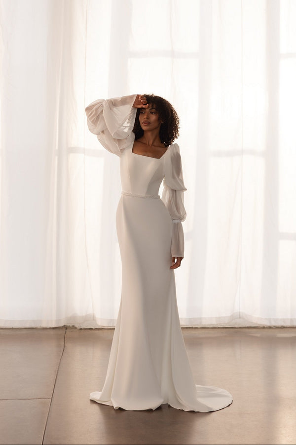 Samara - Fit and Flare Satin Wedding Dress with Sleeves
