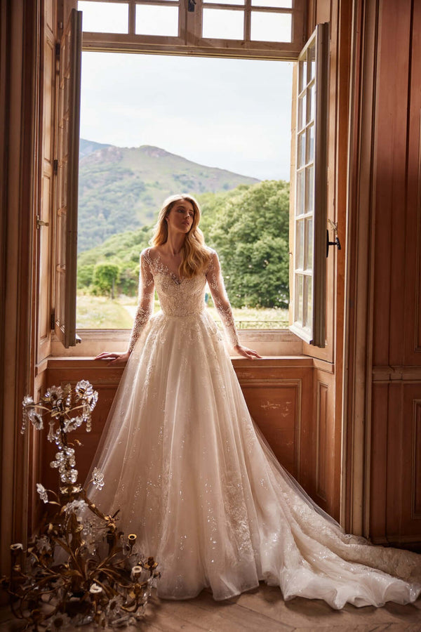  ball bridal gown,
aline dress,
aline wedding dress with long train,
aline wedding dress with long sleeves,
