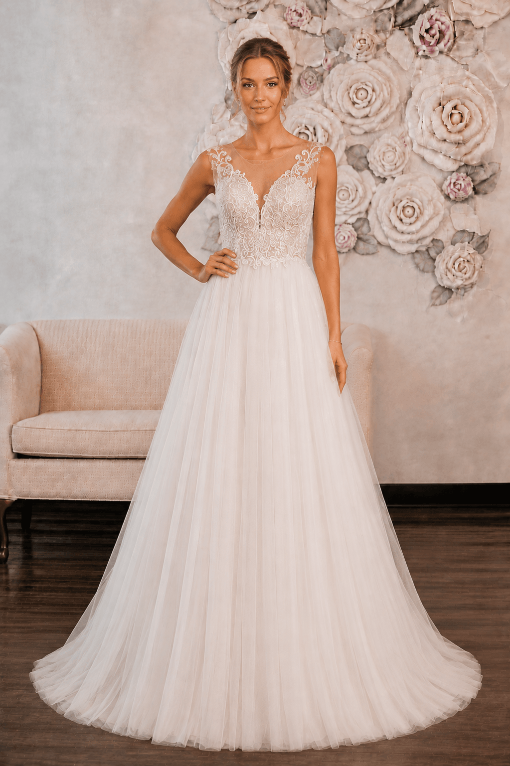 Astra - Aline Tulle Lace Wedding Dress - Size 8 on display, featuring V neckline and off-white color.