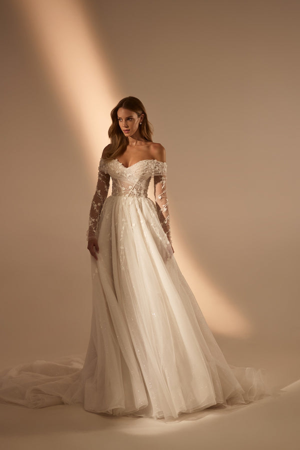lace bridal gown, couture wedding dress in ottawa, best bridal boutique ottawa, aline wedding dress with long sleeves, champagne wedding dress,
