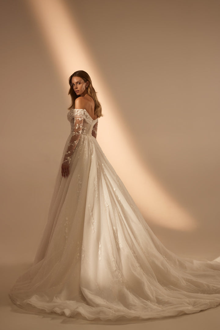 off-shoulder wedding gown, a-line wedding gown, ivory wedding dress, flower lace wedding dress, best rating wedding dress