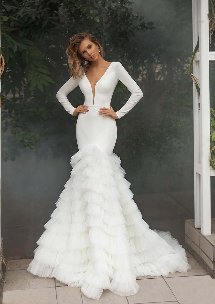 Crepe ruched mermaid wedding dress, crepe wedding dress, mermaid wedding dress with long sleeves, plunging neckline, low back wedding dress,