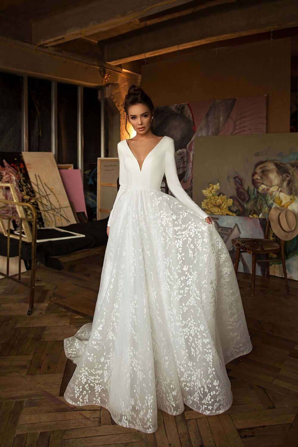 V neck crepe and lace wedding dress with long sleeves, lace bridal gown, crepe wedding dress, best bridal store, best wedding store, Aline wedding dress