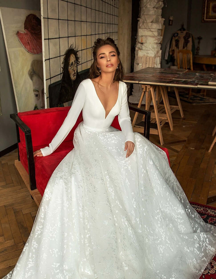 Aline wedding dress with long sleeves, Aline wedding dress, bridal gown with sleeves, ball gown with deep-V, plunging neckline wedding dress, 