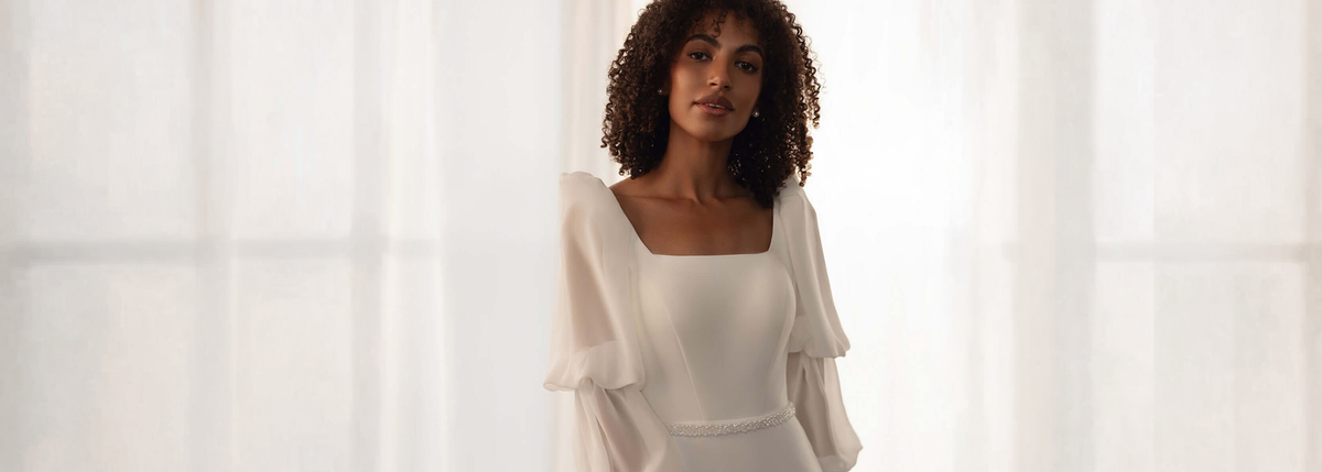 Bride wearing a modern square-neck wedding dress with sheer sleeves