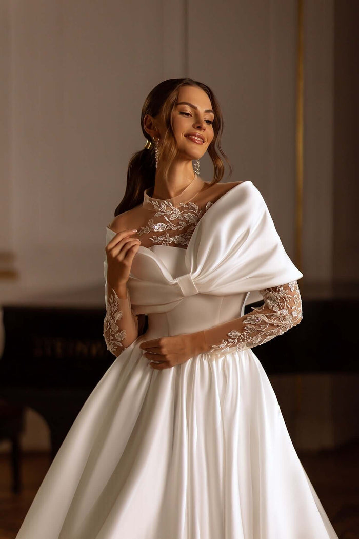 removable bow, mikado dress, long sleeve wedding dress ottawa, long sleeve wedding dress, canada bridal dresses, canada online wedding dress, canada wedding gown,