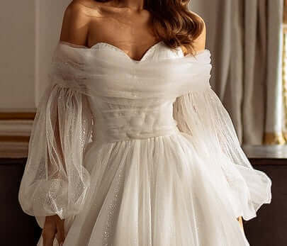 Cameron - Aline Tulle Wedding Dress with detachable puffy sleeves and off the shoulder wrap featuring a bow.