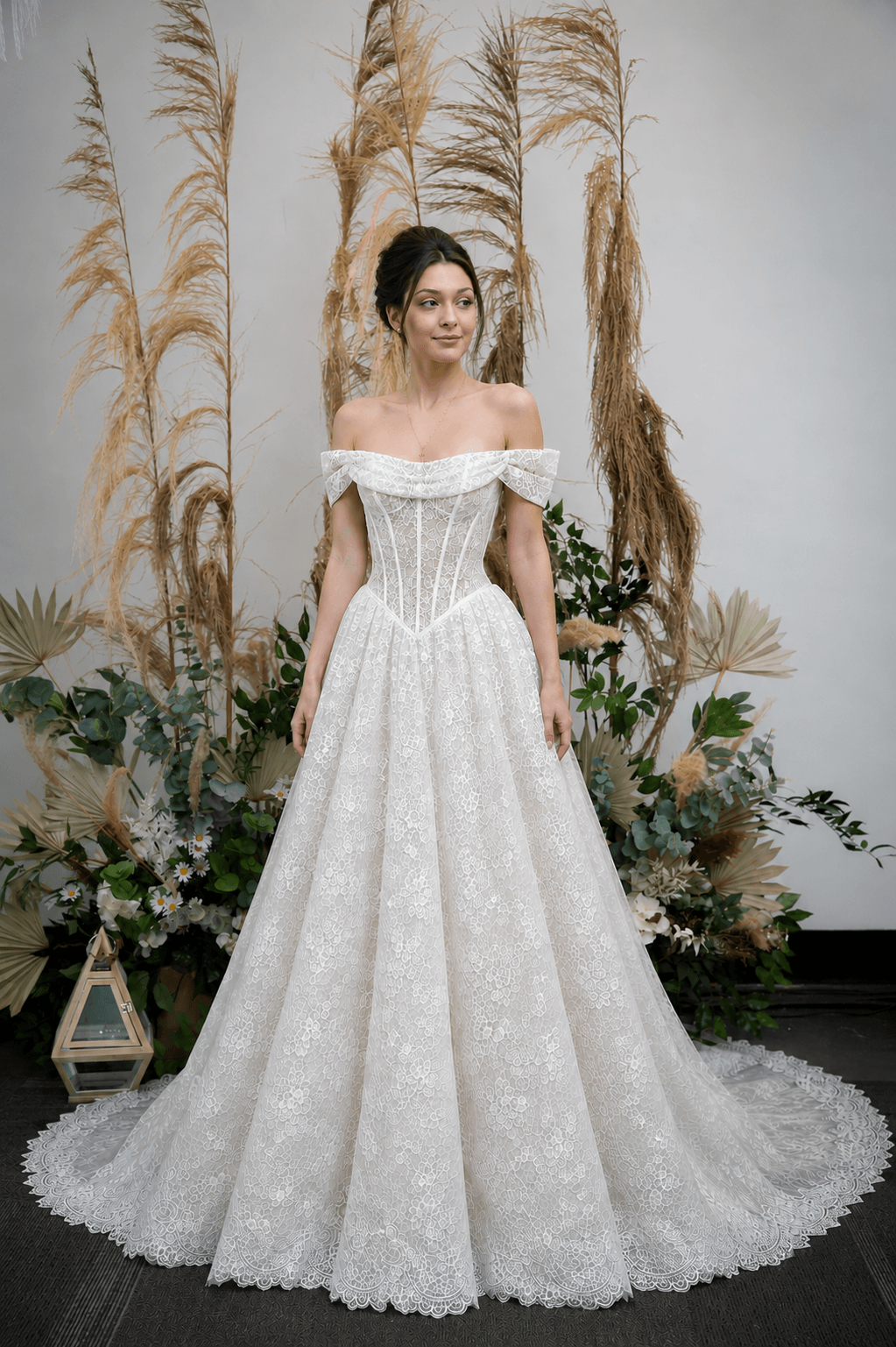 Chantilly lace, ball gown, draped cowl neck, off-shoulder straps, corset bodice, structured waist, floral lace, full skirt, scalloped hem, long train