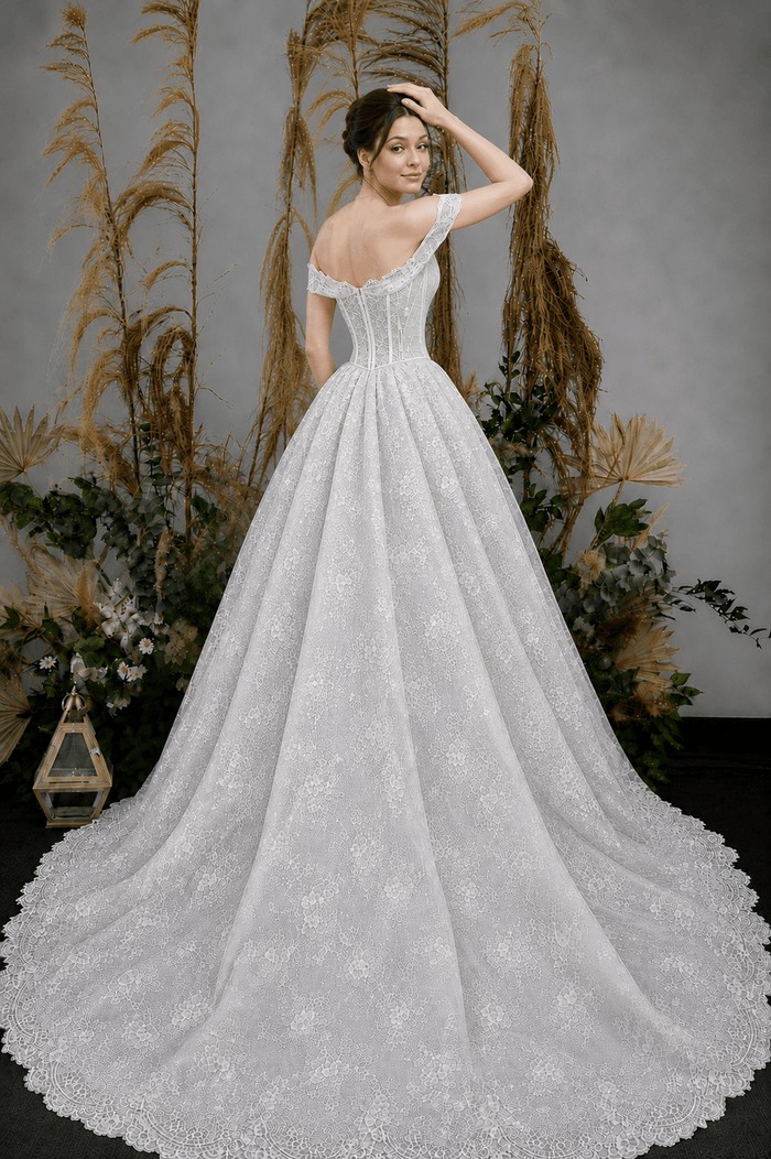 Chantilly lace, ball gown, draped cowl neck, off-shoulder straps, corset bodice, structured waist, floral lace, full skirt, scalloped hem, long train