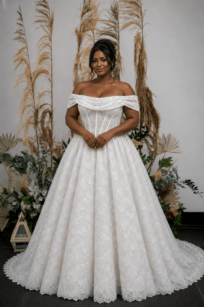 Chantilly lace, ball gown, draped cowl neck, off-shoulder straps, corset bodice, structured waist, floral lace, full skirt, scalloped hem, long train, plus size wedding dress