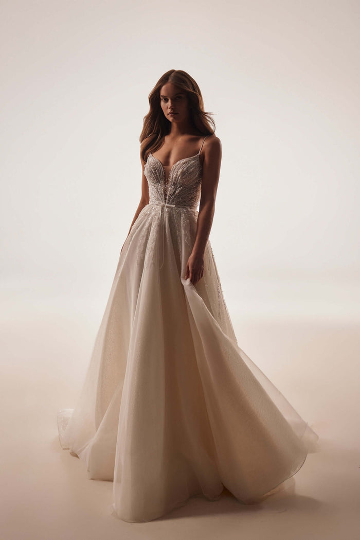 ball gown with deep V,ball gown with deep V, corset dress,corset wedding dress, glitter tulle, A-Line wedding gown