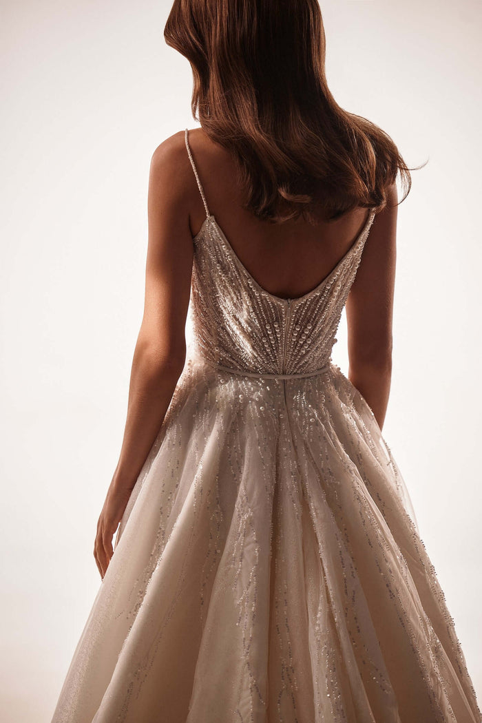 gliiter tulle wedding dress,low back wedding dress,low back,romantic dresses,romantic wedding dresses, A-Line wedding gown
