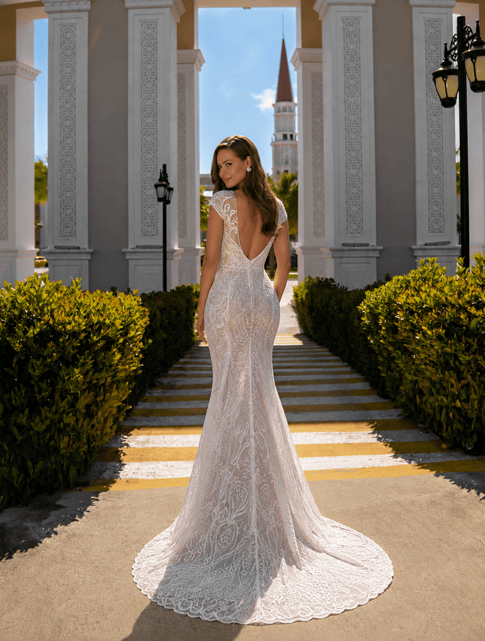 Colette - Fitted Wedding Dress - Size 8, off-white gown with V neckline, shown from the back.