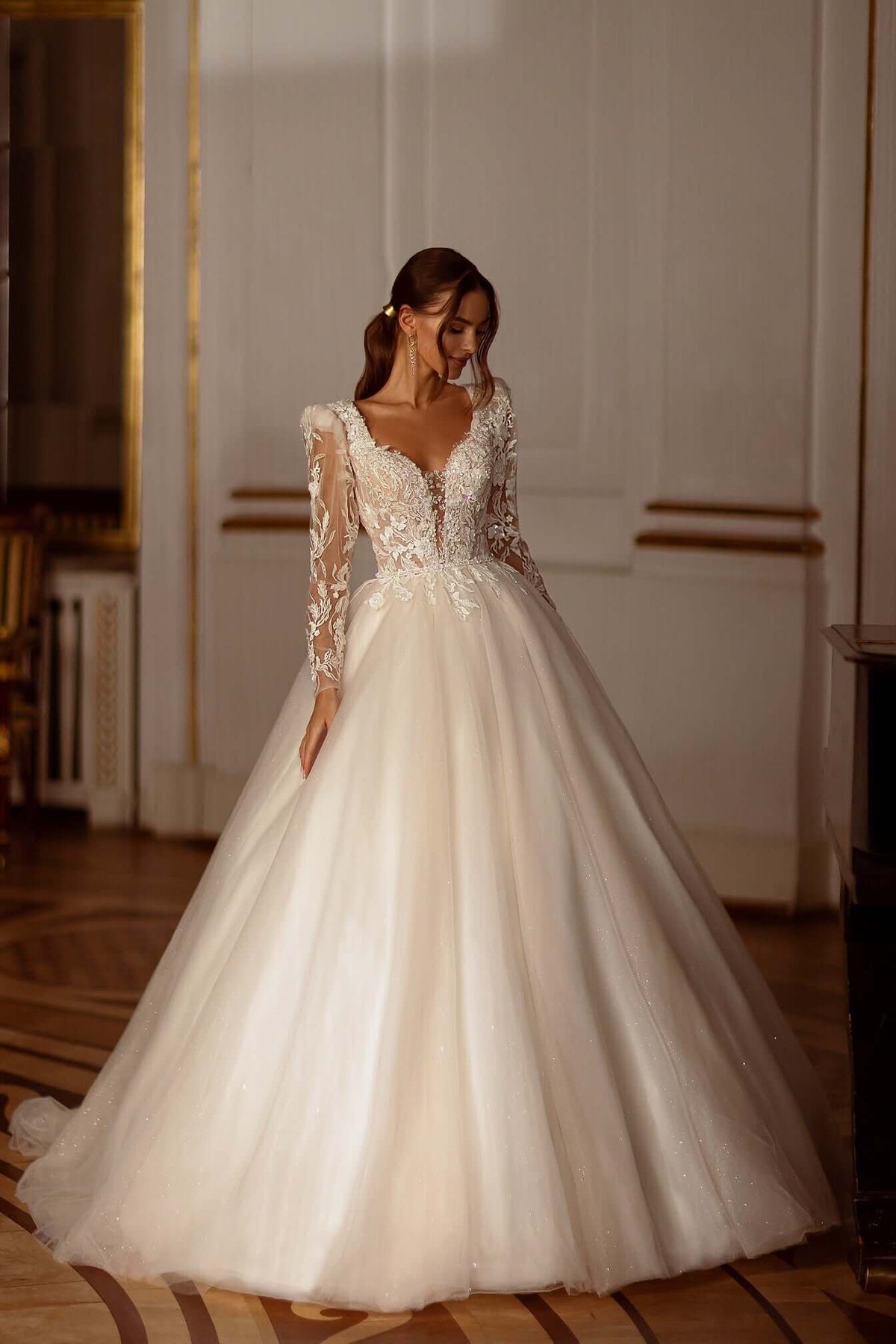 Corey - Aline Tulle Wedding Dress featuring long sleeves, beaded lace bodice, and a stunning skirt.