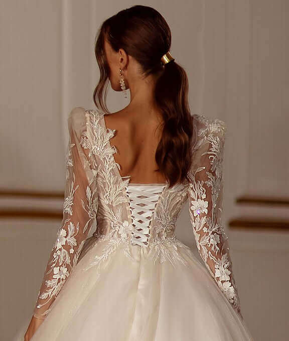 Back view of Corey - Aline Tulle Wedding Dress featuring long sleeves and beaded lace details.