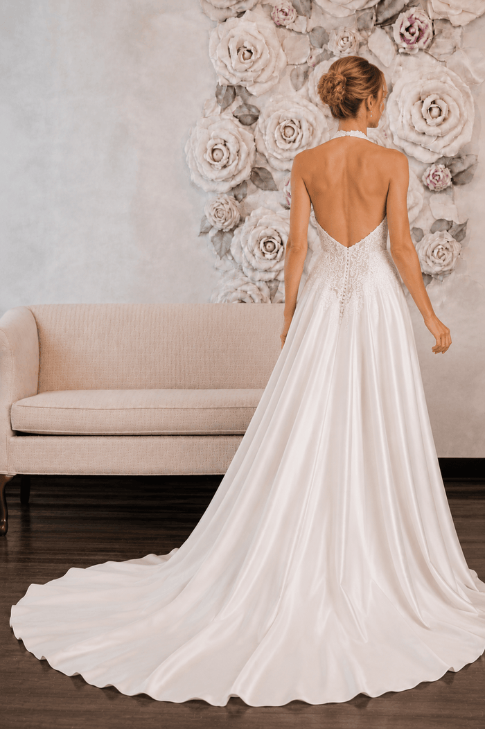 Dahilia - Aline Silk Wedding dress - Size 8 - Back view showcasing halter neckline and satin flow.