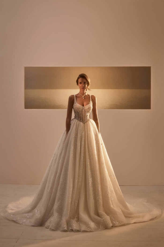 Basque waist wedding gown, sparkle wedding gown, champagne wedding outfit, sweetheart neckline gown, scoop neckline wedding dress