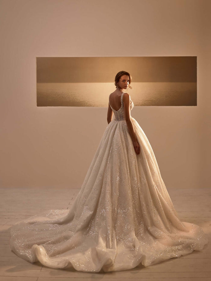 Glitter ivory wedding dress, open back wedding dress, scoop back wedding dress, glitter detail dress, layered wedding dress, best rated bridal shop near me