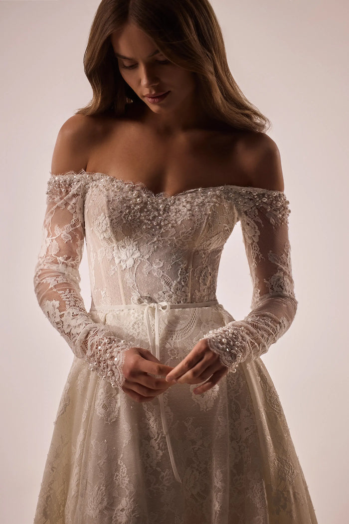 wedding dress with sheer long sleeves, wedding dress with long sleeves, A-line wedding dress with long sleeve, lace wedding dress