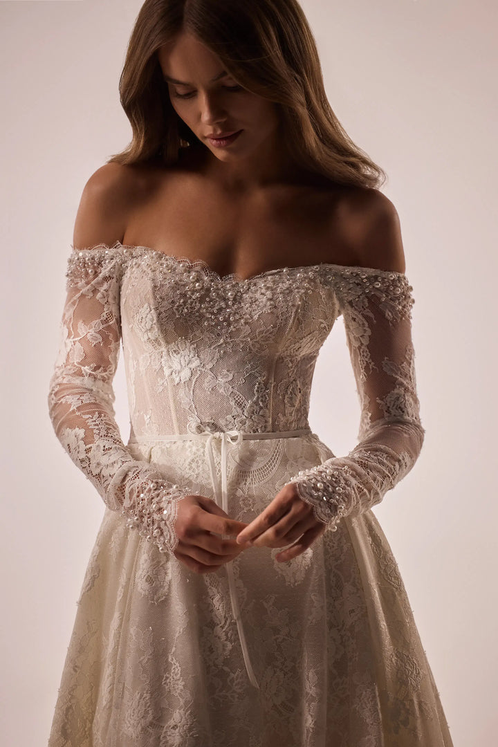 wedding dress with sheer long sleeves, wedding dress with long sleeves, A-line wedding dress with long sleeve,