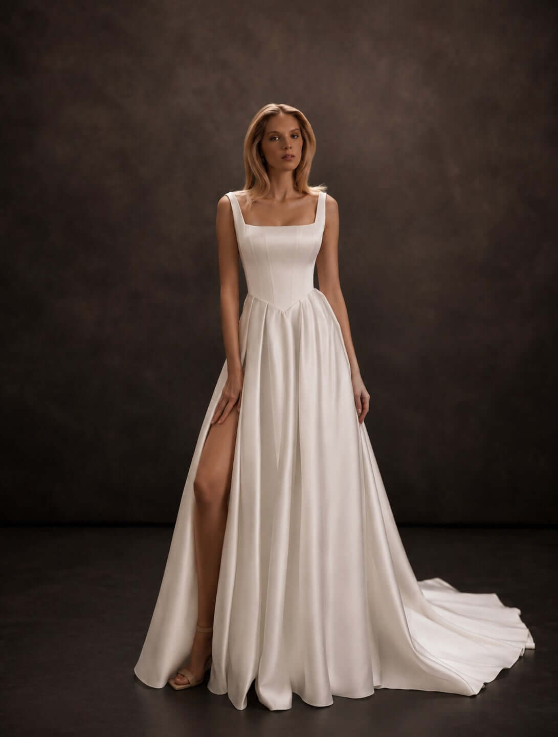 satin wedding dress, basque waist, long train, square neckline, structured corset bodice, minimalist bridal gown, A-line silhouette, elegant bridal fashion, modern wedding dress, timeless bridal elegance