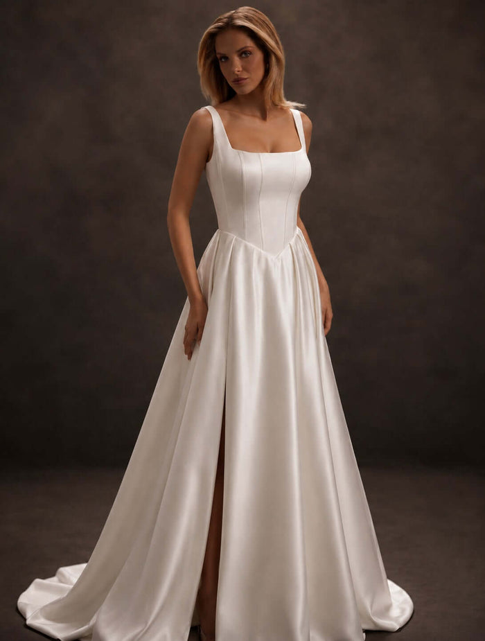satin wedding dress, basque waist, long train, square neckline, structured corset bodice, minimalist bridal gown, A-line silhouette, elegant bridal fashion, modern wedding dress, timeless bridal elegance