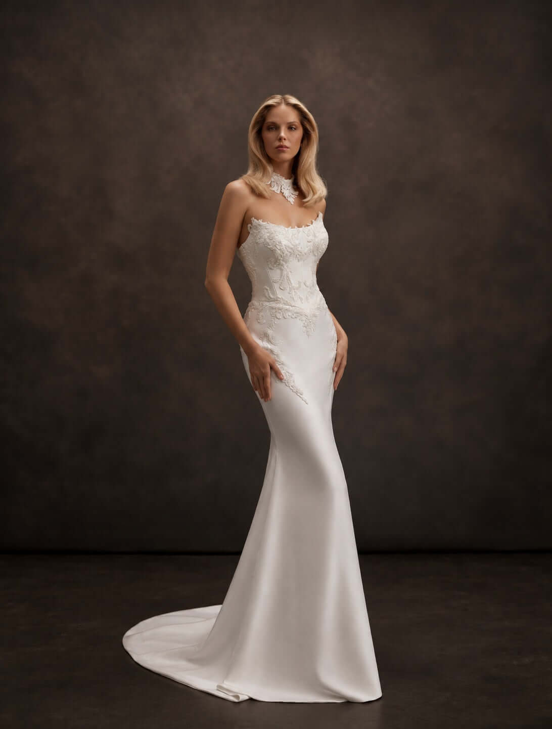 mikado wedding dress, mermaid wedding dress, scoop neckline, basque waist, beaded lace appliqué, fitted bridal gown, strapless wedding dress, structured corset bodice, luxury bridal gown, elegant bridal fashion, minimalist wedding dress, modern bride, figure-hugging silhouette, chapel train, satin finish, couture wedding dress, romantic bridal look, lace embellished bodice, timeless wedding gown, classic bridal style, sophisticated wedding dress, sculpted silhouette, premium mikado fabric, bridal couture, f
