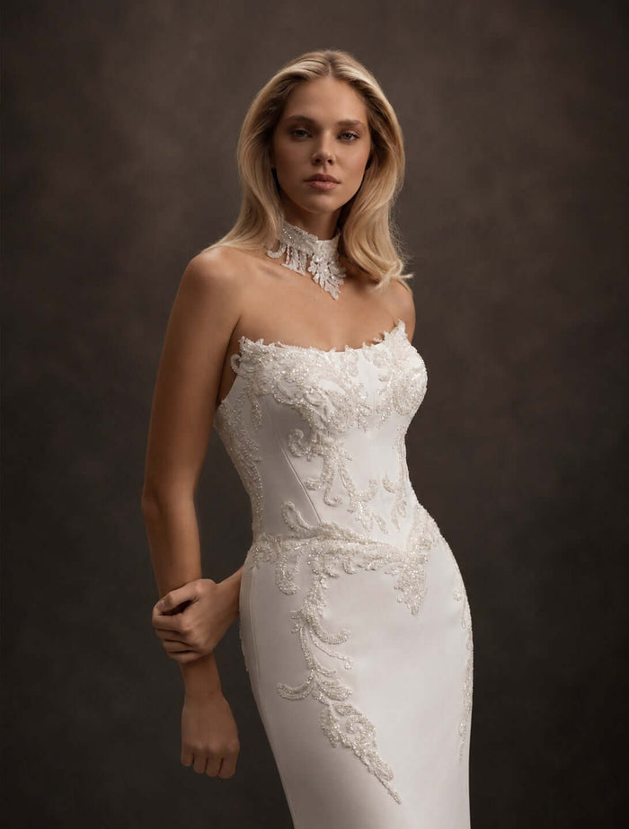 mikado wedding dress, mermaid wedding dress, scoop neckline, basque waist, beaded lace appliqué, fitted bridal gown, strapless wedding dress, structured corset bodice, luxury bridal gown, elegant bridal fashion, minimalist wedding dress, modern bride, figure-hugging silhouette, chapel train, satin finish, couture wedding dress, romantic bridal look, lace embellished bodice, timeless wedding gown, classic bridal style, sophisticated wedding dress, sculpted silhouette, premium mikado fabric, bridal couture, f