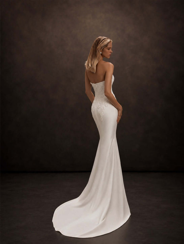 mikado wedding dress, mermaid wedding dress, scoop neckline, basque waist, beaded lace appliqué, fitted bridal gown, strapless wedding dress, structured corset bodice, luxury bridal gown, elegant bridal fashion, minimalist wedding dress, modern bride, figure-hugging silhouette, chapel train, satin finish, couture wedding dress, romantic bridal look, lace embellished bodice, timeless wedding gown, classic bridal style, sophisticated wedding dress, sculpted silhouette, premium mikado fabric, bridal couture, f