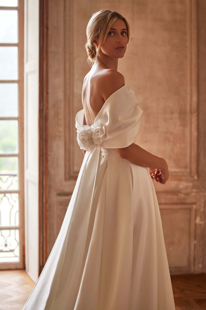 mikado wedding dress with low back, Aline wedding gown