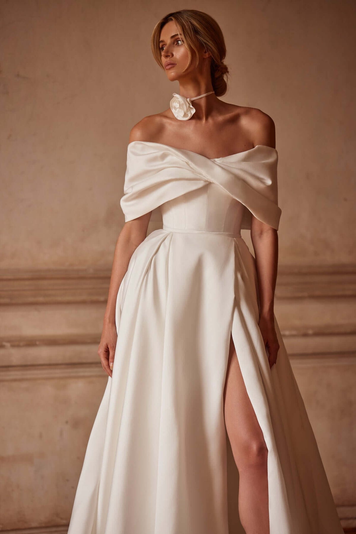 A-line wedding dress with high slit and off shoulder necklines,