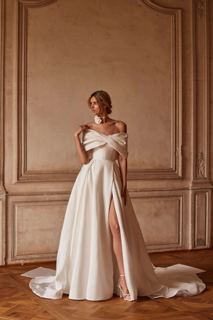 Aline wedding gown in Ottawa with straight across off shoulder neckline 