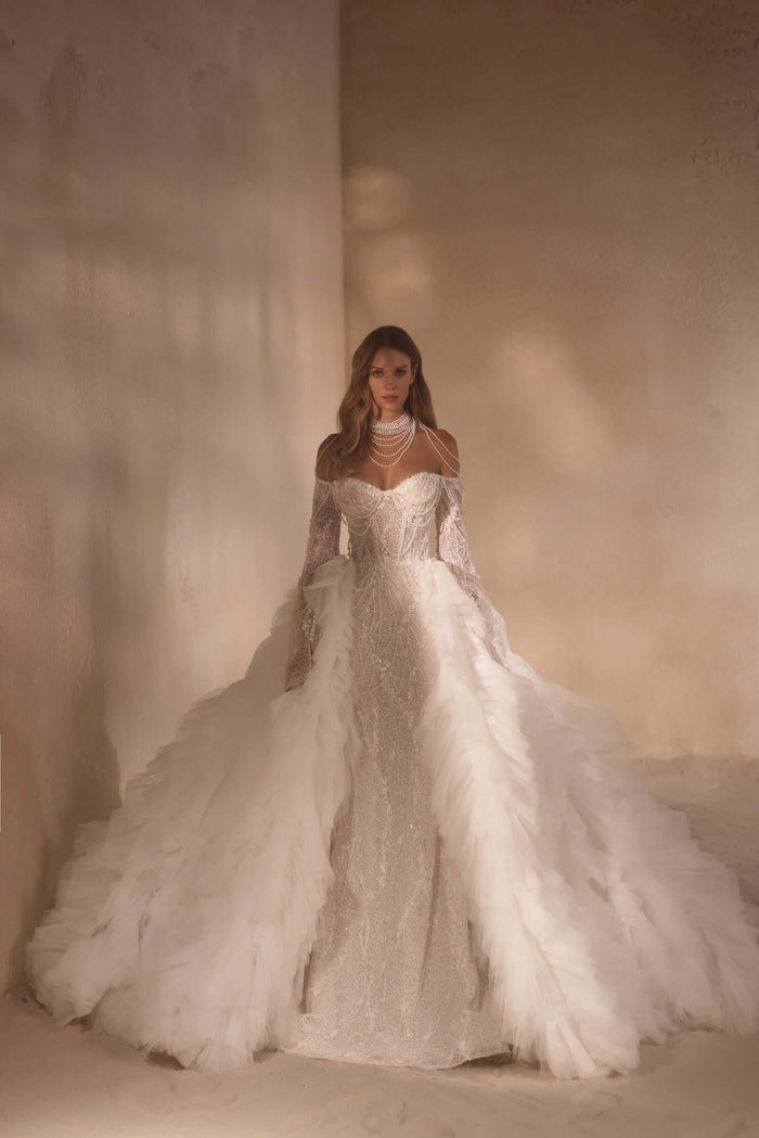 overskirt wedding dress, aline wedding dress skirt, pearl wedding dress, sweetheart neckline wedding dress, best bridal boutique near me, mermaid gown