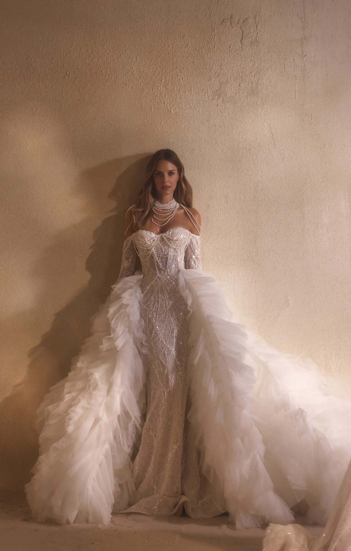Off-shoulder fit and flare wedding dress, bridal outfits near me, beaded wedding dress, sparkle bridal outfit, mermaid gown