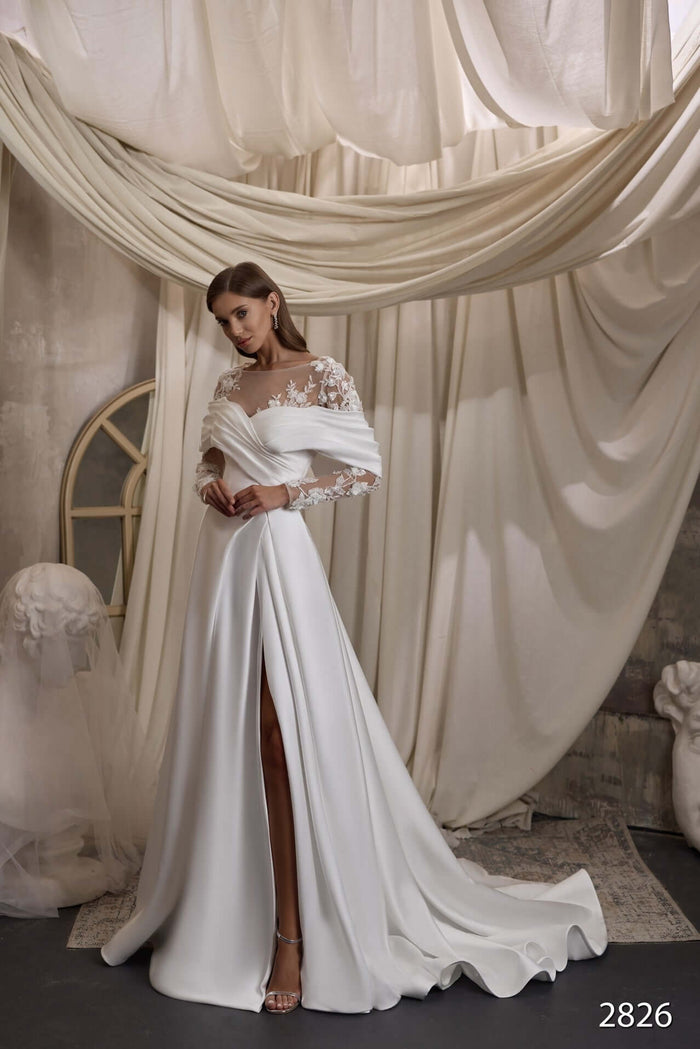 A-line wedding dress with high slit, wedding dress with high slit, bridal shops near me, wedding dress with cape, satin wedding dress